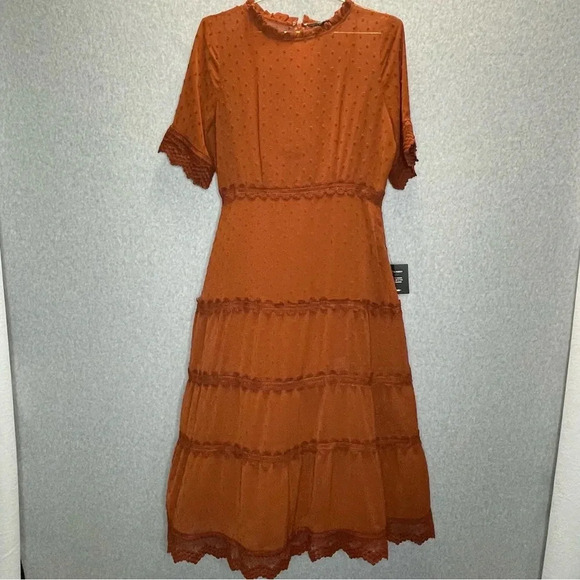 Lulu’s Dreaming of You Rust Swiss Dot Tiered Midi Dress - Picture 2 of 8